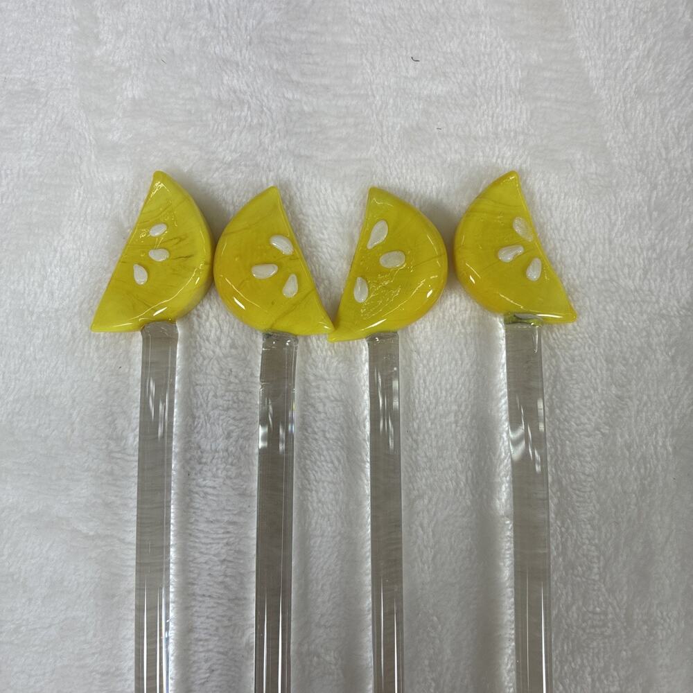 Set of 4 Vintage Glass Lemon Wedge Swizzle Stick Stirrer 11.75" Summer Free Ship - Picture 3 of 7